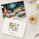 Merry Christmas Whimsical Winter Village Holiday Card<br><div class="desc">This customizable Christmas card features a beautiful, whimsical winter village scene on the front, with colourful houses set against a snowy landscape under a starry night sky. The charming, hand-drawn style evokes a cozy, festive atmosphere, perfect for spreading Christmas cheer. On the back, the card offers a modern, minimalist design...</div>
