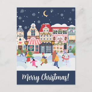 Merry Christmas Whimsy Winter Town Personalize Postcard