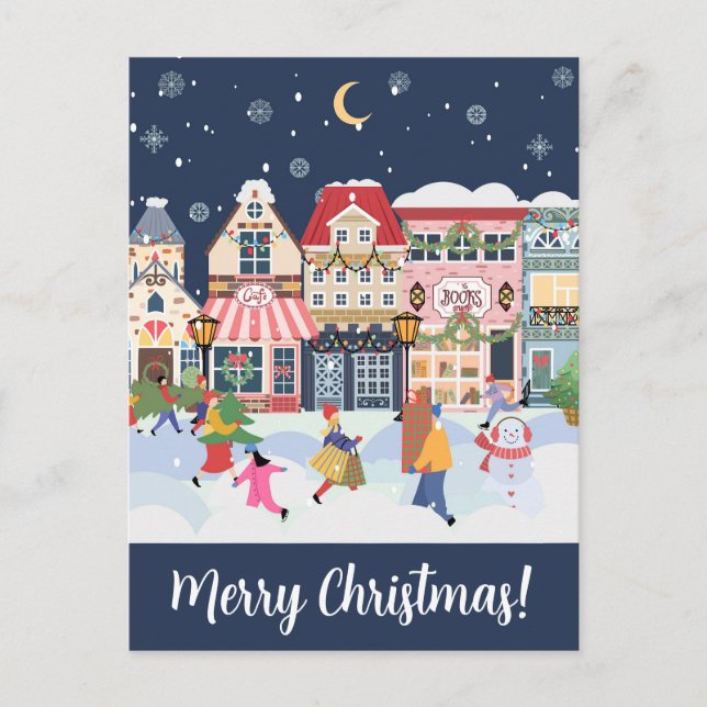 Merry Christmas Whimsy Winter Town Personalize Postcard (Front)