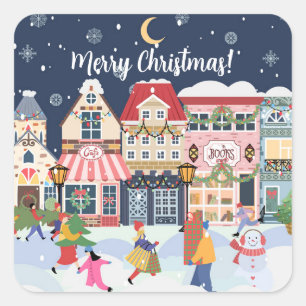 Merry Christmas Whimsy Winter Town Personalize Square Sticker