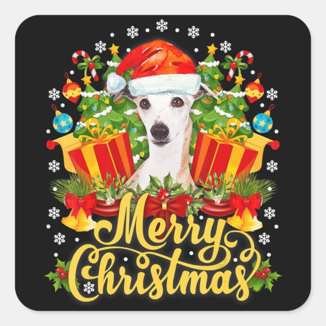 Merry Christmas Whippet Mom Dad Xmas Square Sticker (Front)