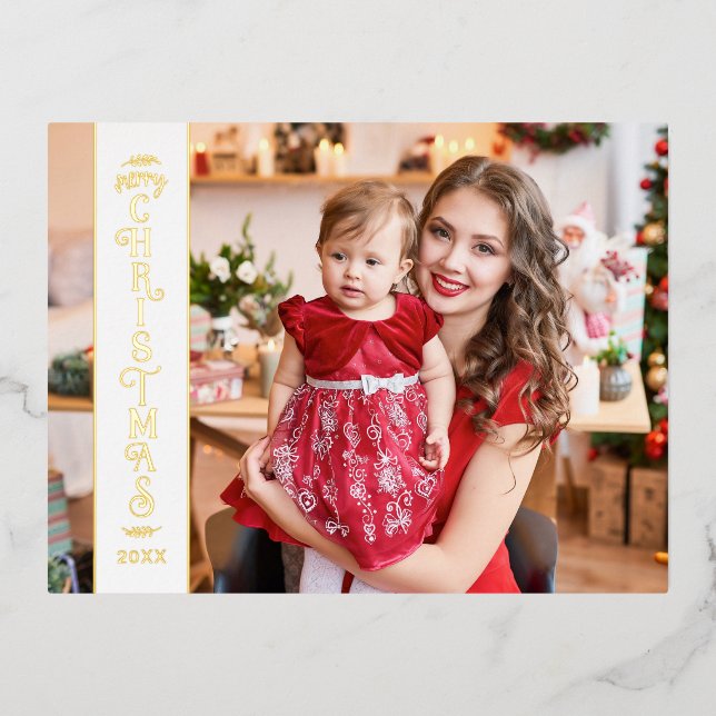Merry Christmas white 2 photos family gold Foil Holiday Postcard (Front)
