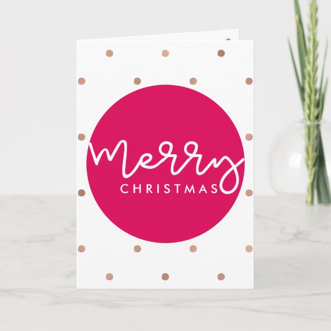 Merry Christmas White and Pink with Gold Look Dots Holiday Card (Front)