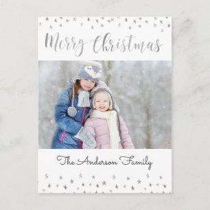 Merry Christmas White and Silver Foil Stars Photo Holiday Postcard