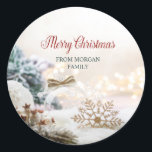 Merry Christmas White Balls Snowflakes Classic Round Sticker<br><div class="desc">Gold snowflakes,  and white Christmas balls.</div>