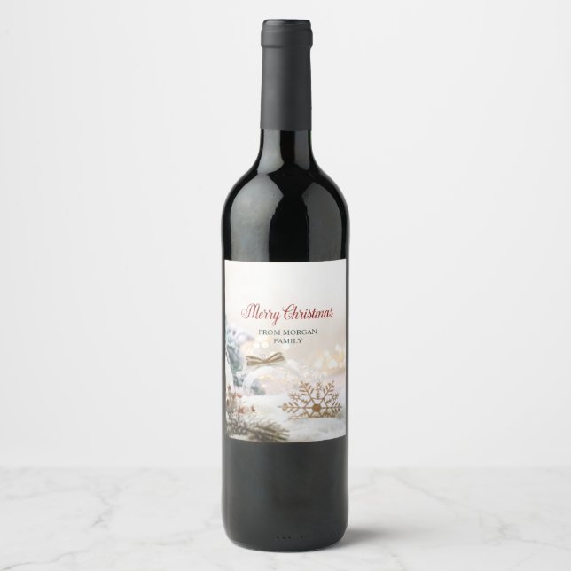 Merry Christmas White Balls Snowflakes Wine Label (Front)