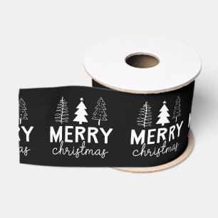 Merry Christmas White Black Tree Grosgrain Ribbon