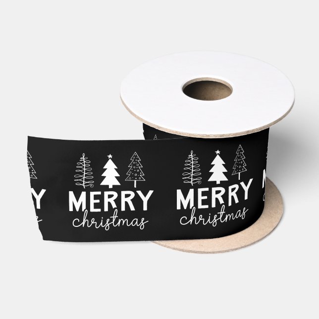 Merry Christmas White Black Tree  Satin Ribbon (Spool)