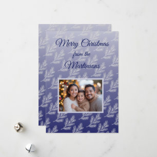 Merry Christmas White Branches Blue Photo Holiday Card