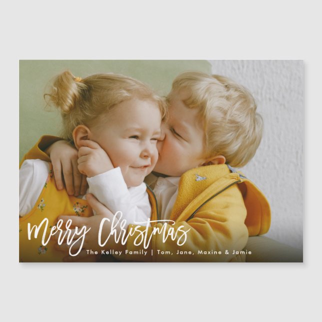 Merry Christmas White Brush Script Magnet Card (Front)