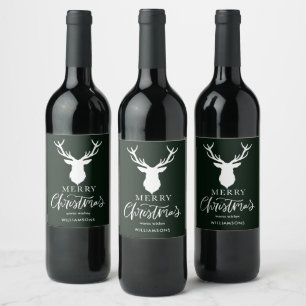 Merry Christmas White Deer Customized Dark Green Wine Label