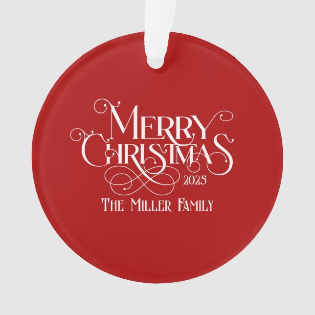 Merry Christmas White Festive Retro Typography Ornament (Front)