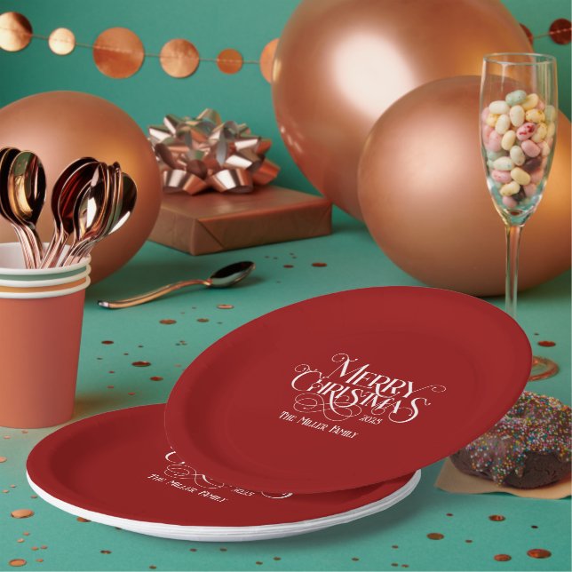 Merry Christmas White Festive Retro Typography Paper Plate (Multi)