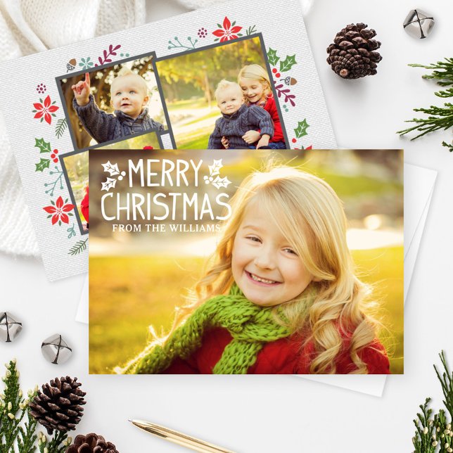 Merry Christmas White Overlay Photo Collage Holiday Card (Creator Uploaded)