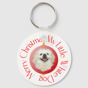 Merry Christmas White Pekingese Keychain