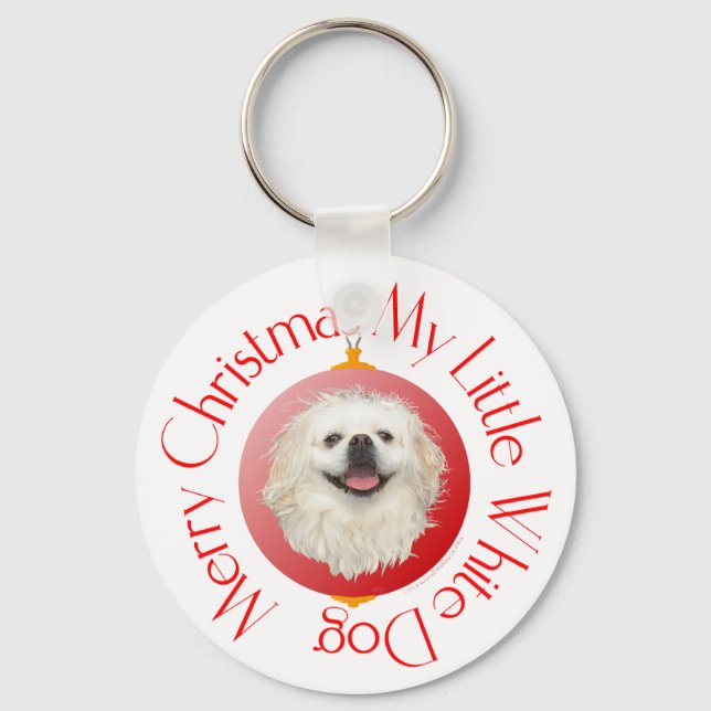 Merry Christmas White Pekingese Keychain (Front)