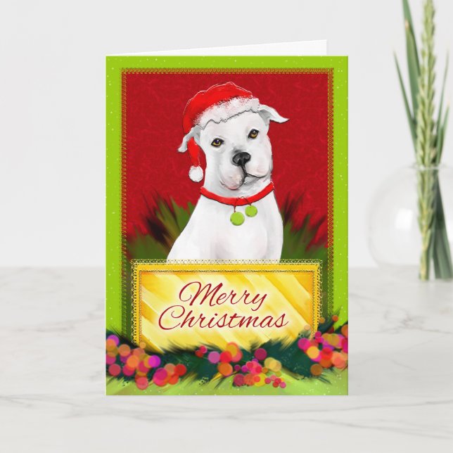 Merry Christmas White Pitbull Christmas Card (Front)