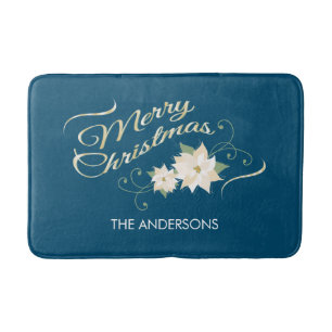 Merry Christmas, White Poinsettia, Personalized Bath Mat