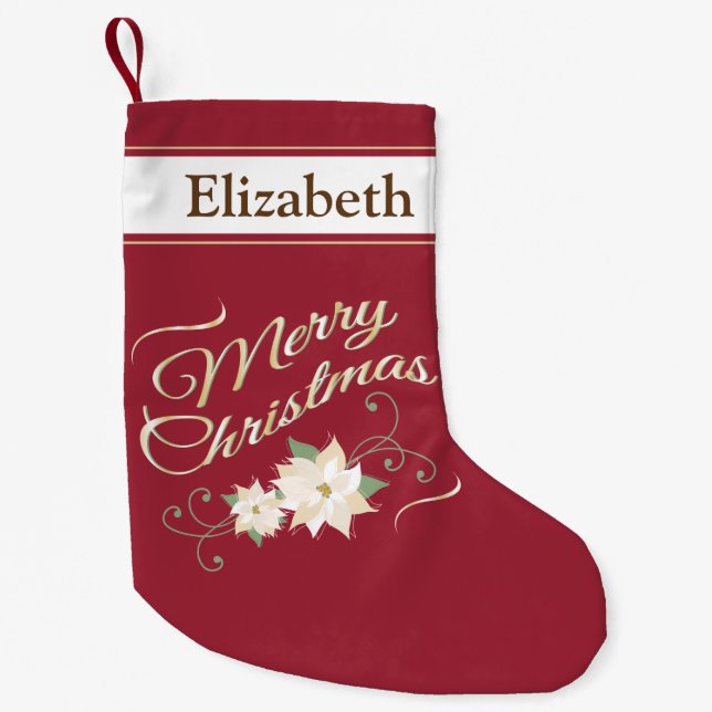 Merry Christmas, White Poinsettias Personalized Small Christmas Stocking (Front)