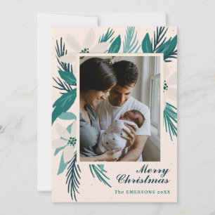 Merry Christmas white poinsettias photo Card