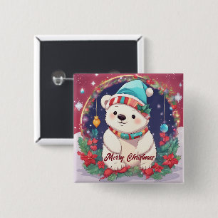 Merry Christmas White Polar Bear  2 Inch Square Button