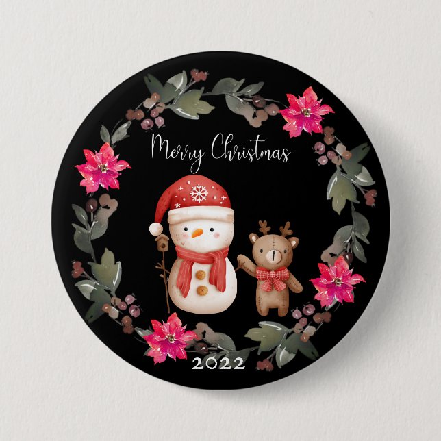 Merry Christmas White Polar Bear and Little Deer 3 Inch Round Button (Front)