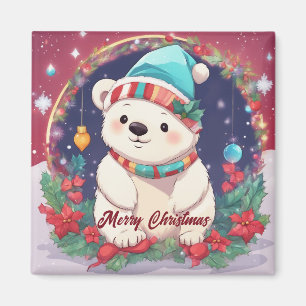 Merry Christmas White Polar Bear Magnet