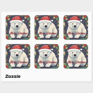 Merry Christmas White Polar Bear  Square Sticker