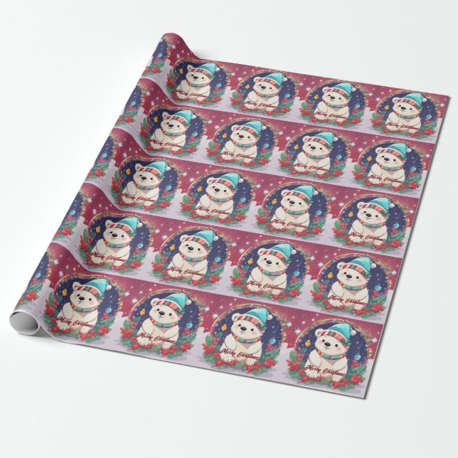 Merry Christmas White Polar Bear  Wrapping Paper (Unrolled)