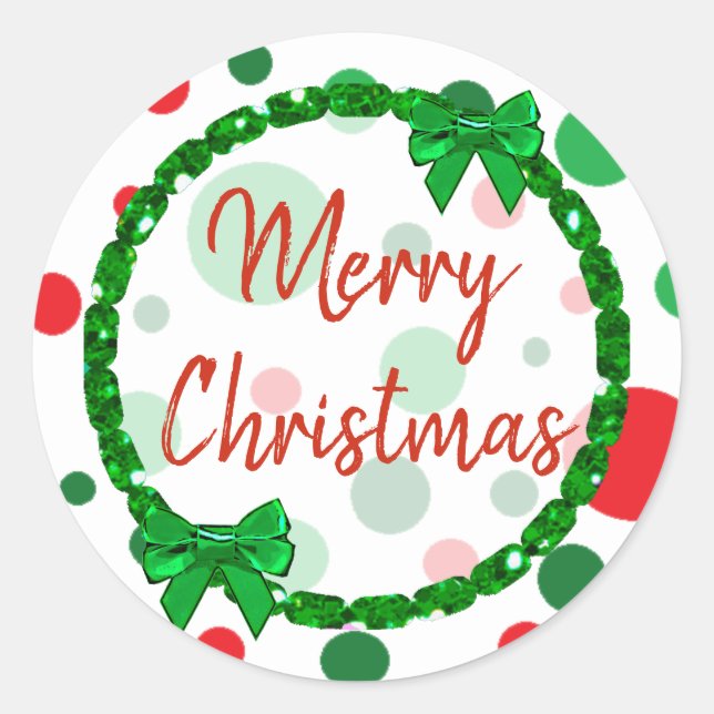 Merry Christmas White, Red Green Polka Dots Classic Round Sticker (Front)
