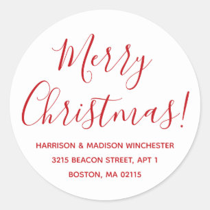 Merry Christmas white red script return address Classic Round Sticker