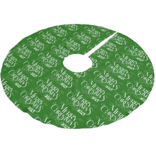 Merry Christmas White Retro Typography On Green Brushed Polyester Tree Skirt