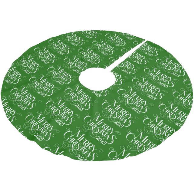 Merry Christmas White Retro Typography On Green Brushed Polyester Tree Skirt (Angled)