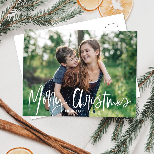 Merry Christmas White Script | Holiday Photo Postcard (Creator Uploaded)