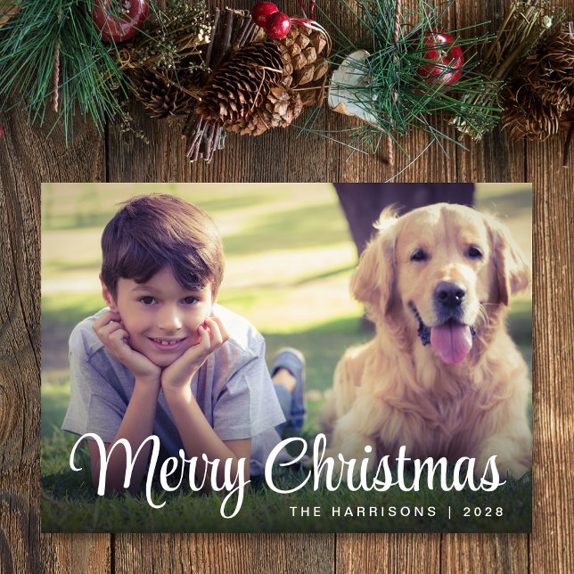 Merry Christmas White Script Photo Overlay Holiday Card (Share the love and warmth of the season with your personalized photo Christmas card)