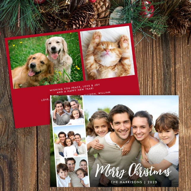 Merry Christmas White Script Photo Strip Holiday Card (Share the love and warmth of the holiday season with this personalized photo Christmas card)