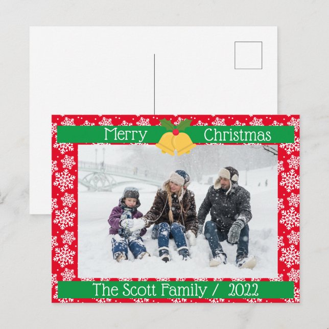 Merry Christmas White snow Family Photo Red Postcard (Front/Back)