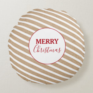 Merry Christmas White Stripes Kraft Rustic Round Pillow