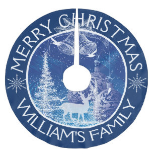 Merry Christmas White Trees Blue Background Brushed Polyester Tree Skirt