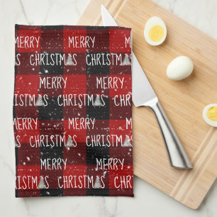 Merry Christmas White Trees On Buffalo Plaid Kitchen Towel