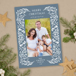 Merry Christmas White Winter Greenery Photo Holiday Card<br><div class="desc">A vertical photo Christmas card showcasing elegant white winter holiday greenery on a dark dusty blue background.</div>