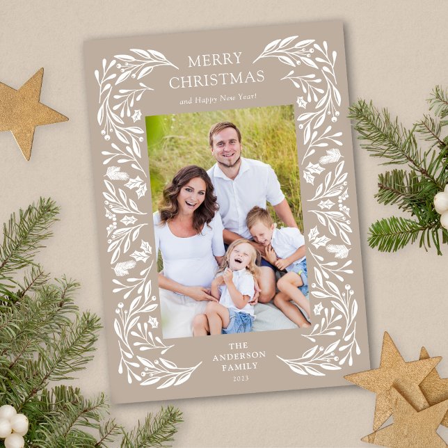 Merry Christmas White Winter Greenery Photo Holiday Card (Creator Uploaded)