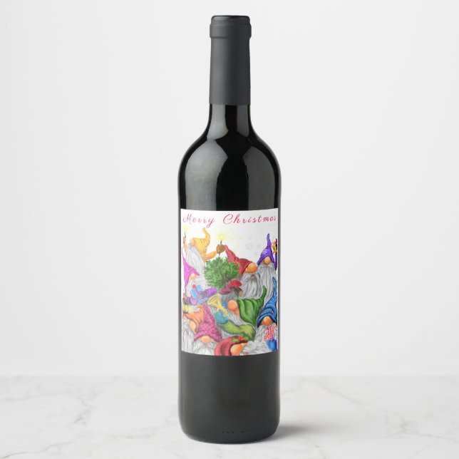 Merry Christmas Wine Label Gnome Party Funny (Front)
