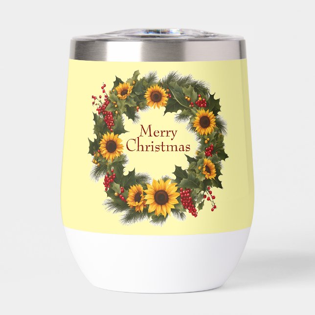Merry Christmas Wine Sunflower Wreath Holly Joy (Front)