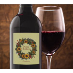 Merry Christmas Wine Sunflower Wreath Holly Joy Wine Label<br><div class="desc">Custom Christmas wine labels with a unique wreath of holly and sunflowers. Personalize this wine label</div>
