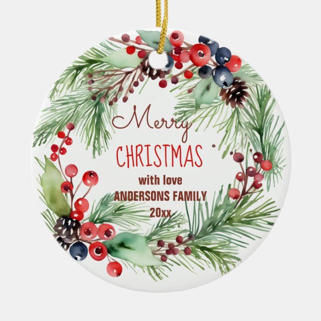 Merry Christmas winter berries pines wreath photo Ceramic Ornament (Front)