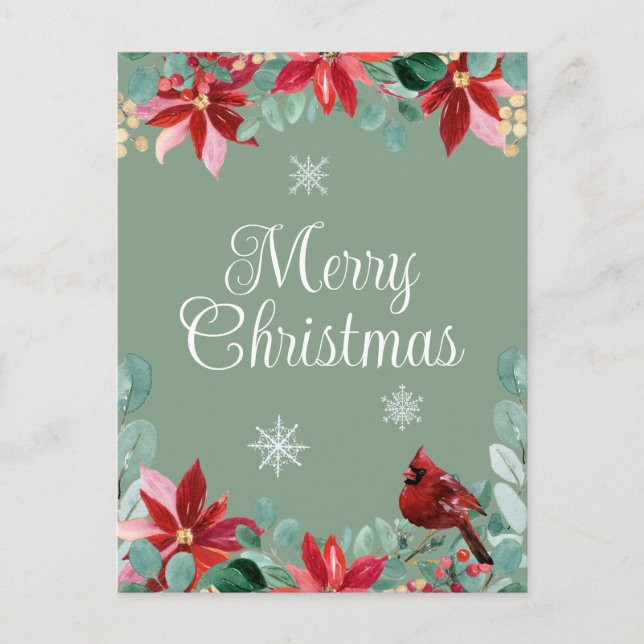 Merry Christmas Winter Bird Cardinal Poinsettia Postcard (Front)
