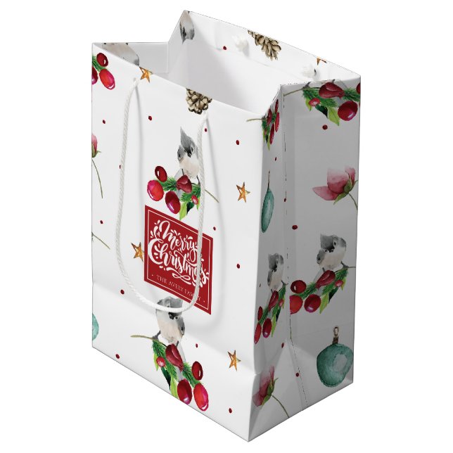 Merry Christmas Winter Bird Pattern Personalized Medium Gift Bag (Front Angled)