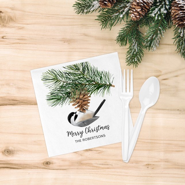 Merry Christmas Winter Chickadee on Pinecone  Napkin (Creator Uploaded)