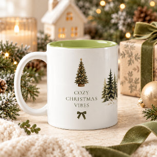 Merry Christmas Winter Cottage Olive Green Family Two-Tone Coffee Mug
